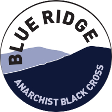 Blue Ridge Anarchist Black Cross circle logo featuring blue and grey mountains
